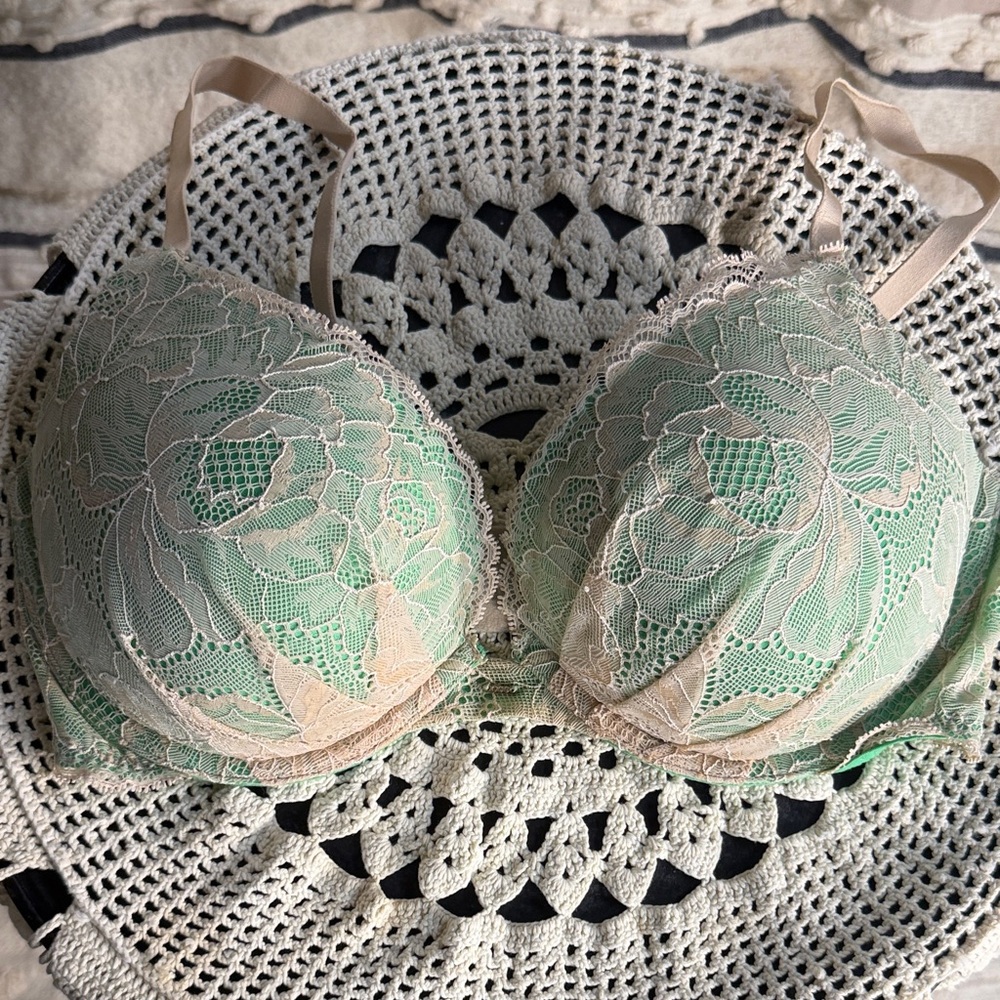Victorias Secret Lace Plunge Push-Up Bra in Mint and Beige - Women Intimates
